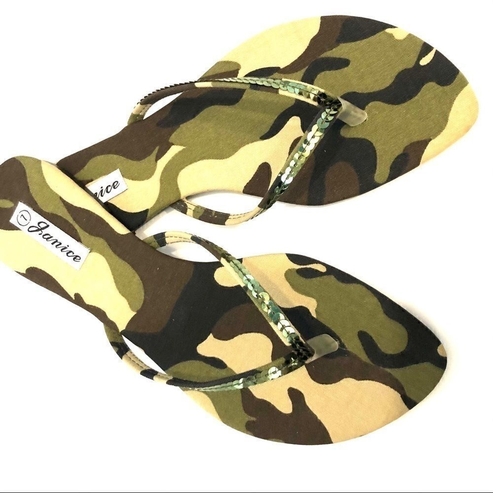 Camouflage camo green olive sequin sandals thongs NEW NIB NWT flip flops 6.5 - Picture 8 of 12